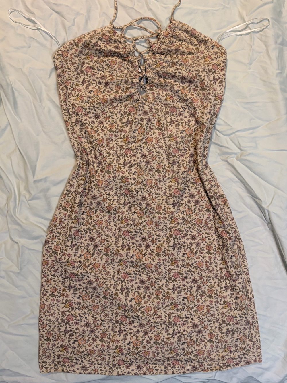 Princess Polly Cream Floral Lace-Up Halter Mini Dress